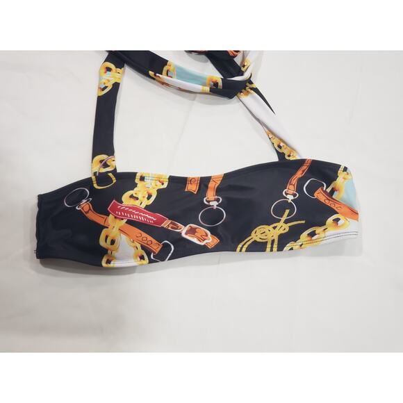 Black Colorful Western Buckle & Gold Chain Swimsuit Bikini Top w Neck Tie Around - Picture 2 of 6